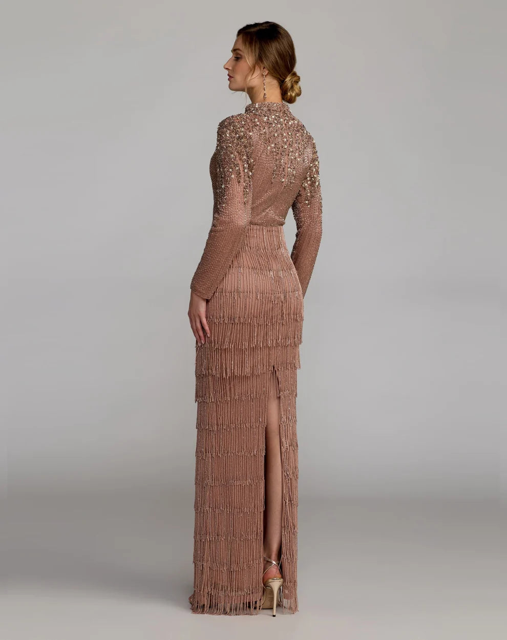 Rose Gold Mesh & Beaded Fringe Sheath V-Neck Floor-Length Dress
