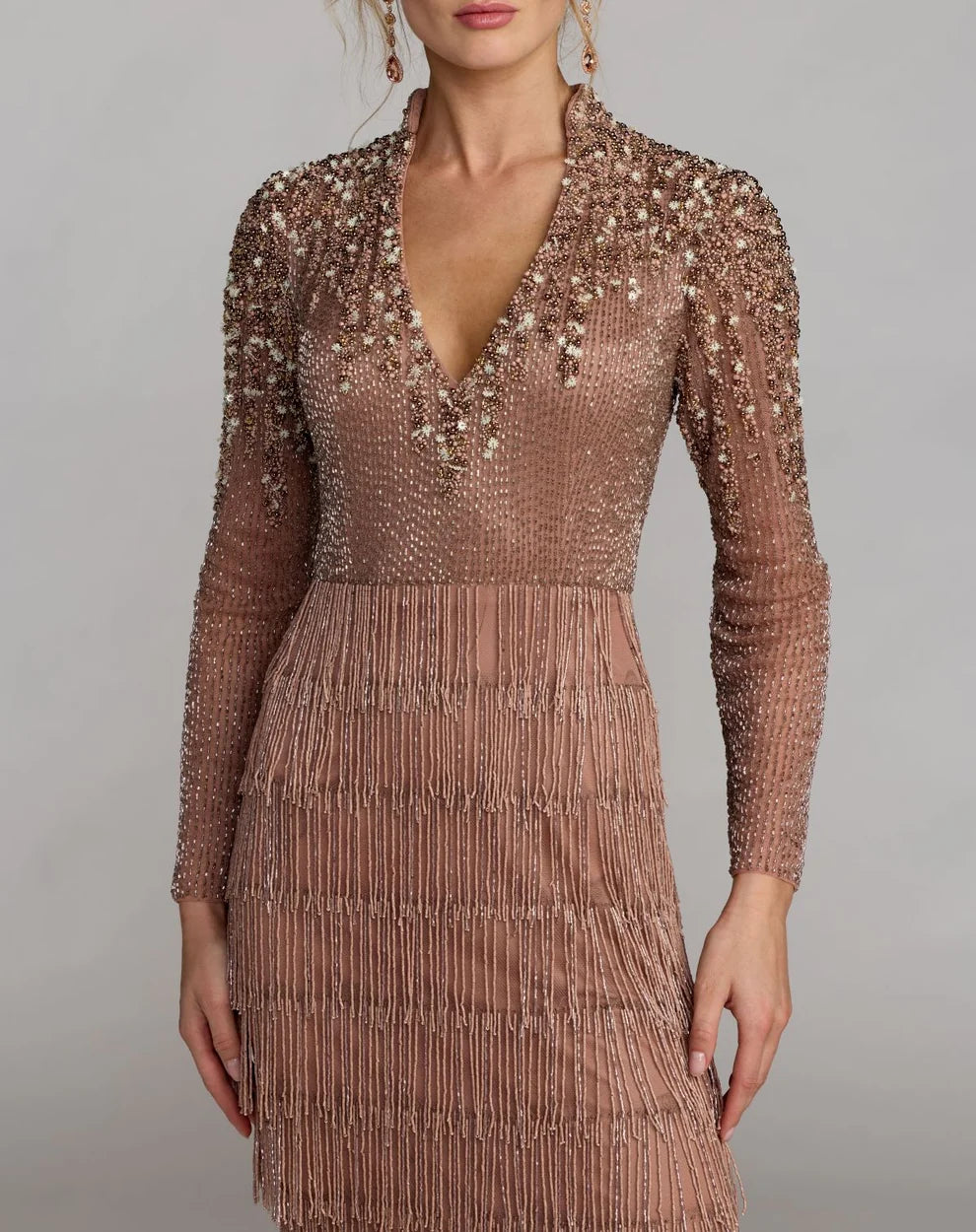 Rose Gold Mesh & Beaded Fringe Sheath V-Neck Floor-Length Dress