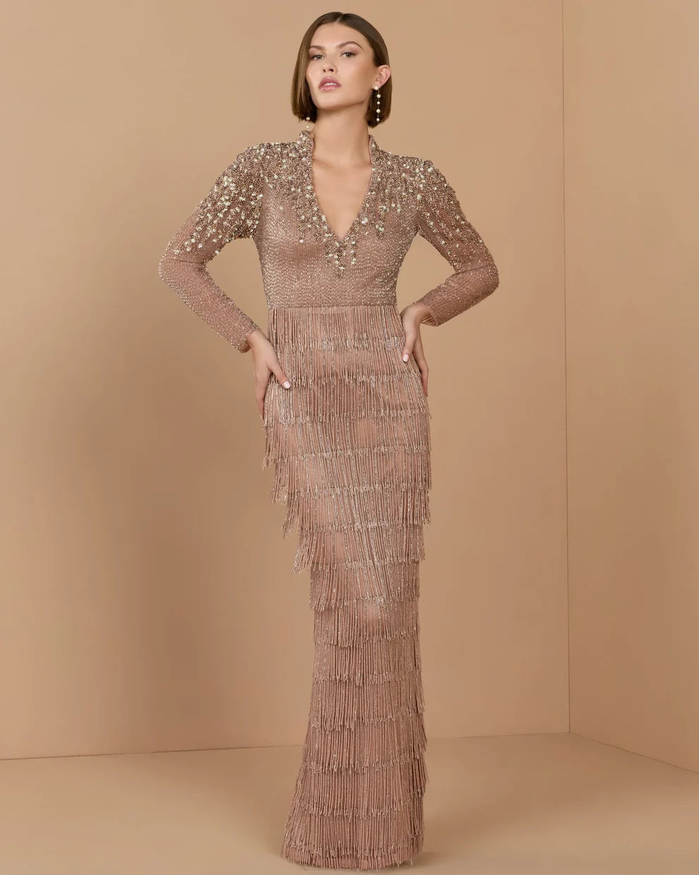 Rose Gold Mesh & Beaded Fringe Sheath V-Neck Floor-Length Dress
