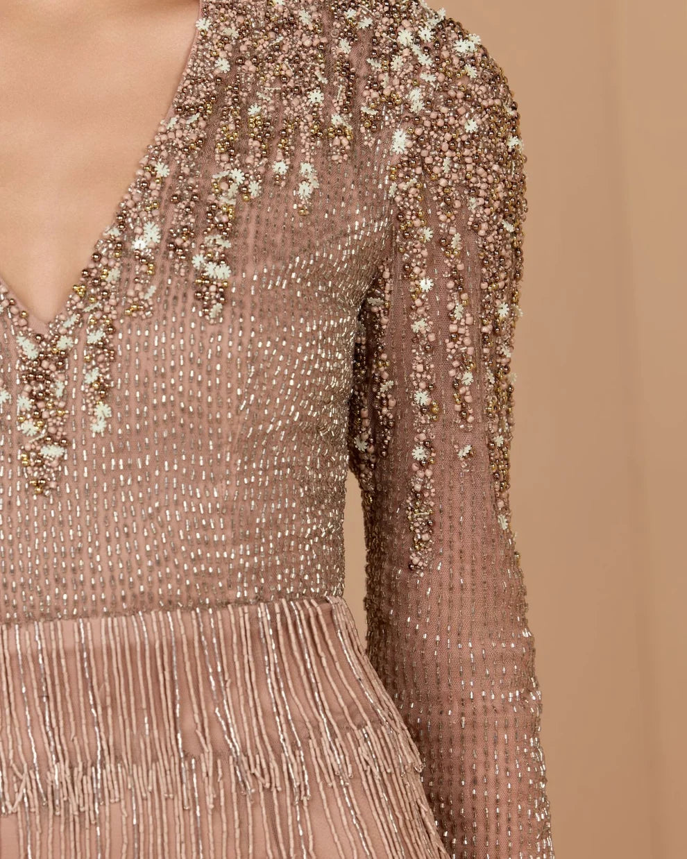 Rose Gold Mesh & Beaded Fringe Sheath V-Neck Floor-Length Dress