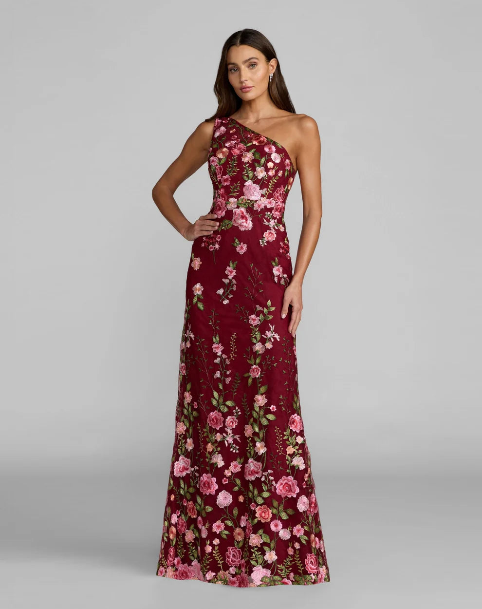 Burgundy Embroidered Mesh Sheath One Shoulder Floor-Length Dress