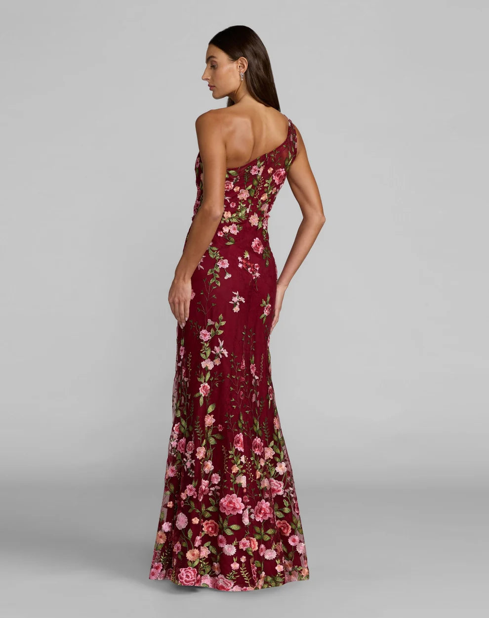 Burgundy Embroidered Mesh Sheath One Shoulder Floor-Length Dress