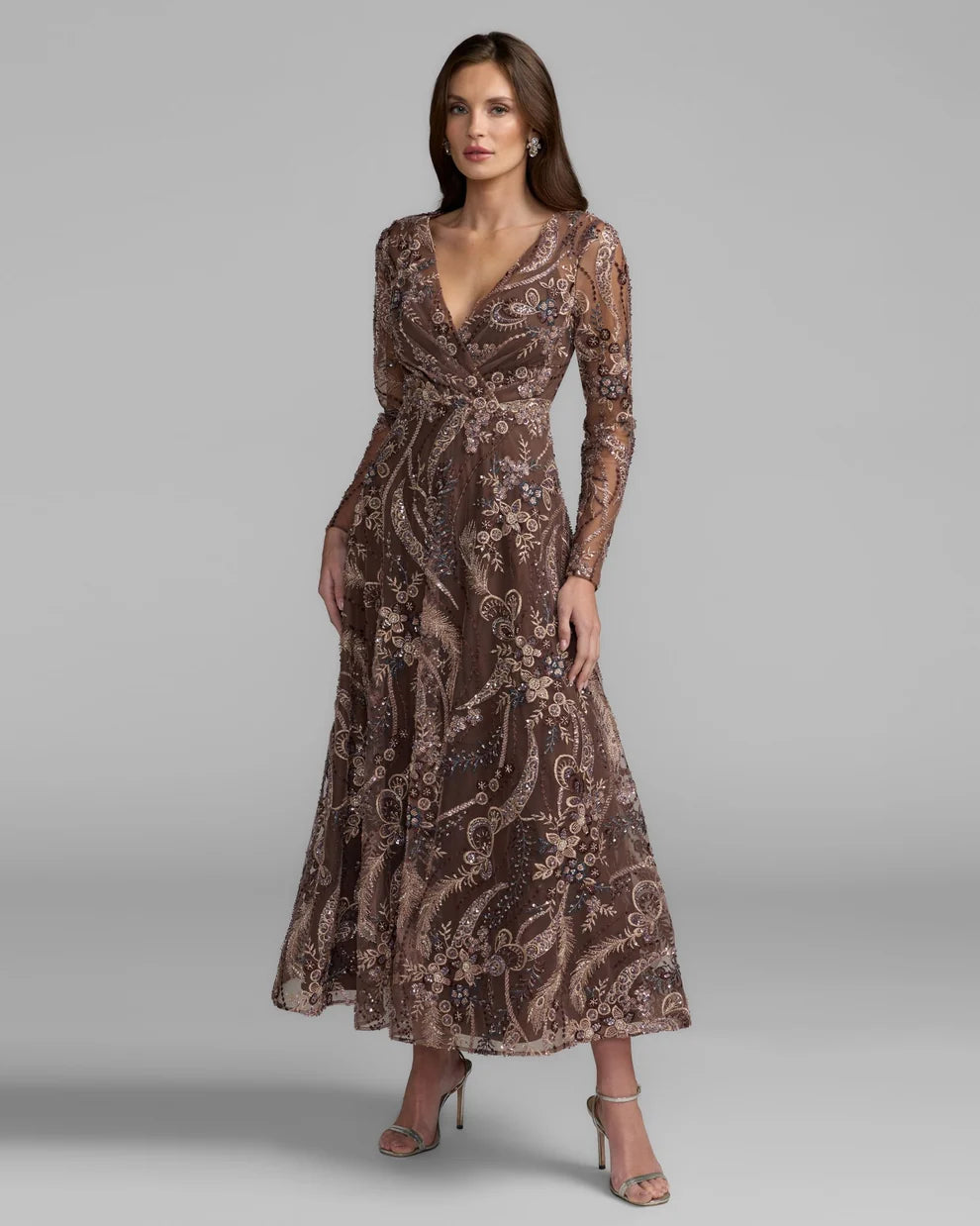 Mocha Embroidered Mesh A-Line V-Neck Zipper Back Ankle-Length Dress