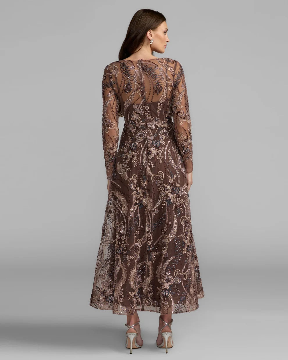 Mocha Embroidered Mesh A-Line V-Neck Zipper Back Ankle-Length Dress
