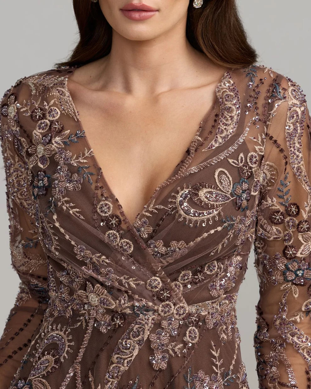 Mocha Embroidered Mesh A-Line V-Neck Zipper Back Ankle-Length Dress