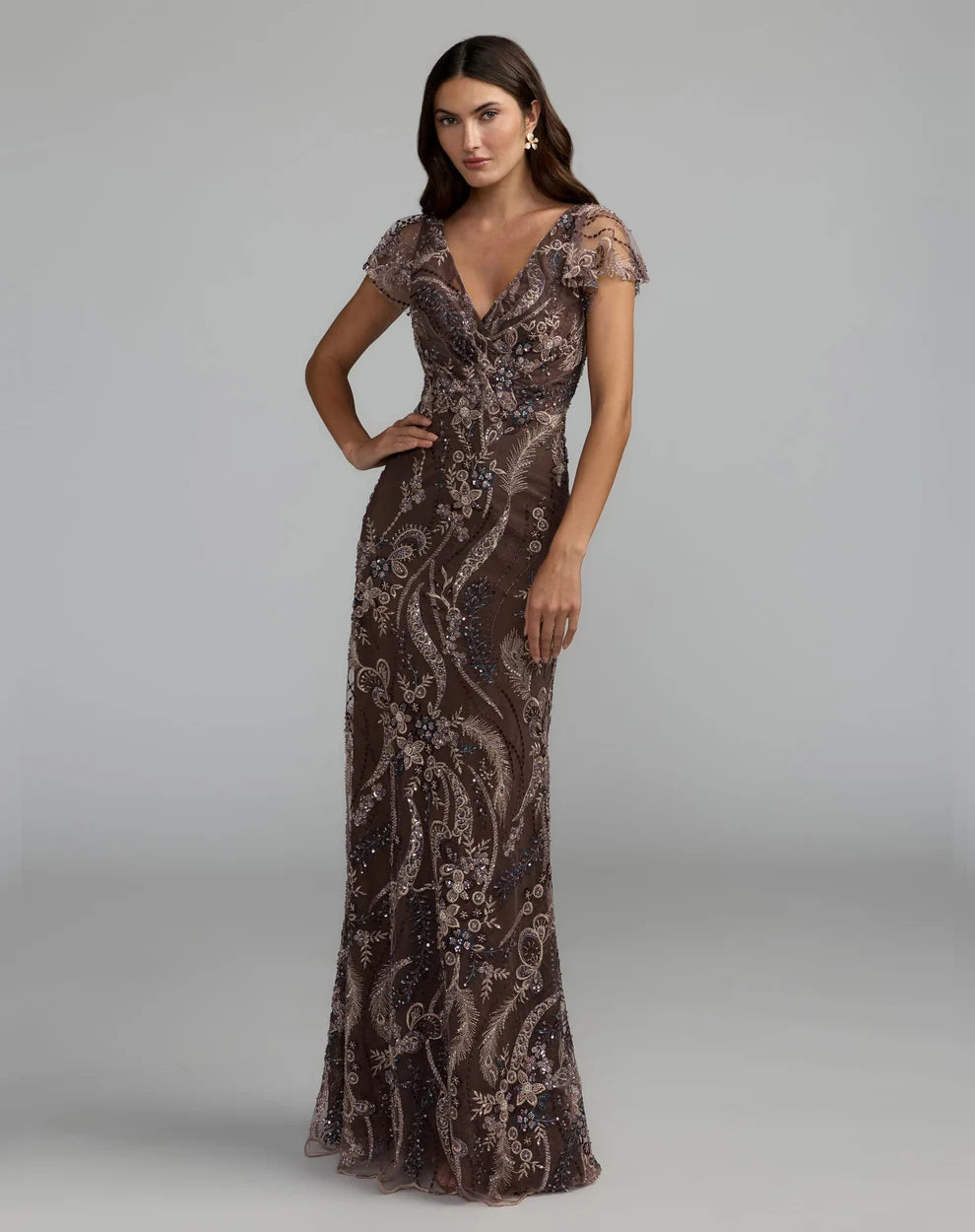 Espresso Mesh with Sequins Sheath V-Neck Floor Length Dress