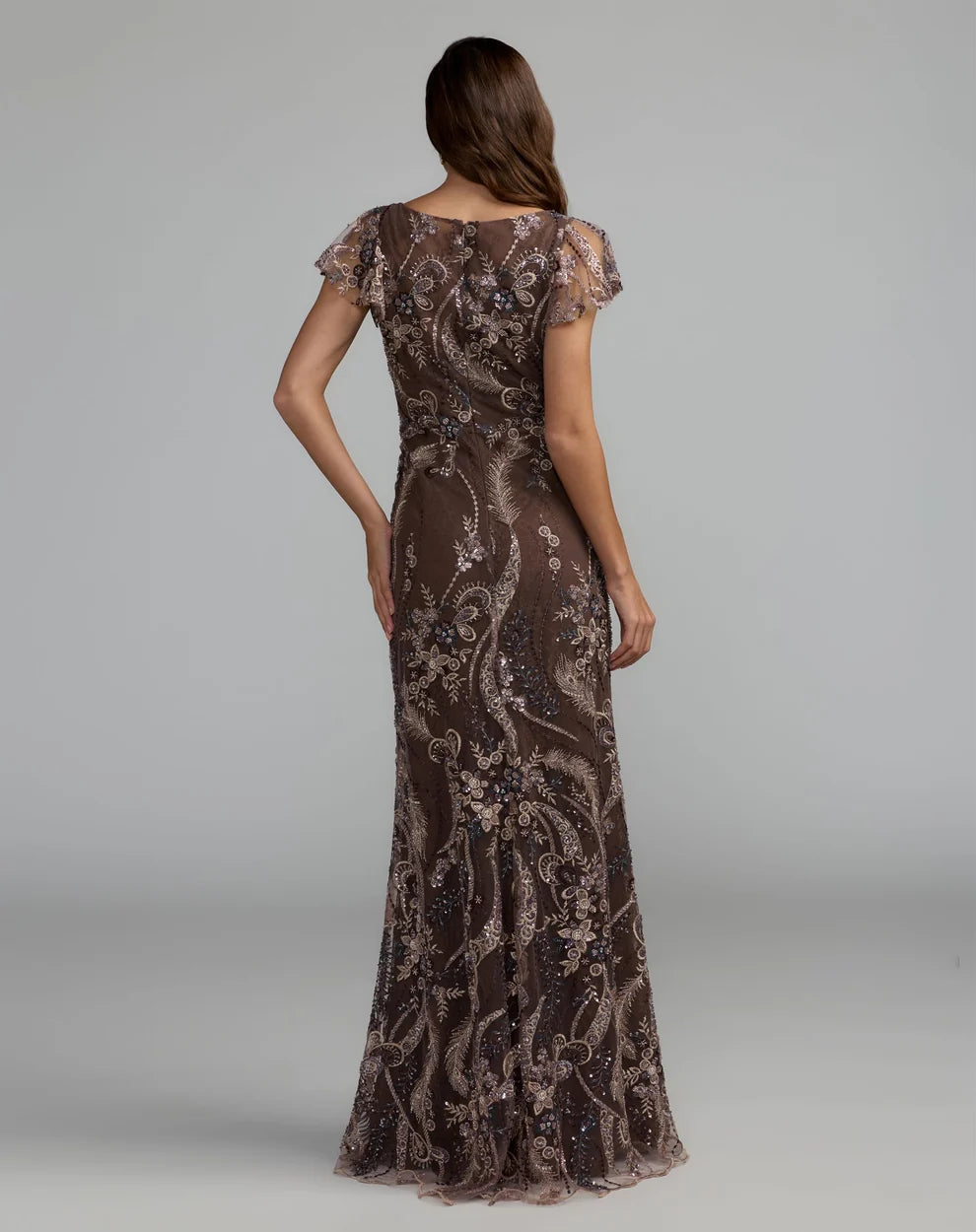 Espresso Mesh with Sequins Sheath V-Neck Floor Length Dress