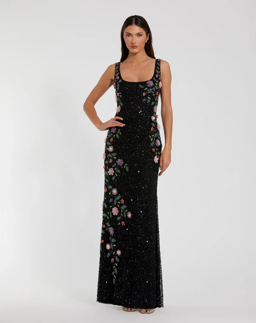 Black Sequin Mesh Sheath Scoop Neck Scoop Back Floor Length Dress