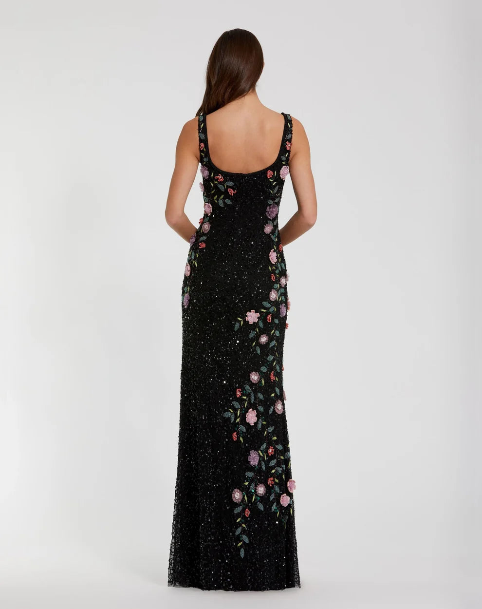 Black Sequin Mesh Sheath Scoop Neck Scoop Back Floor Length Dress