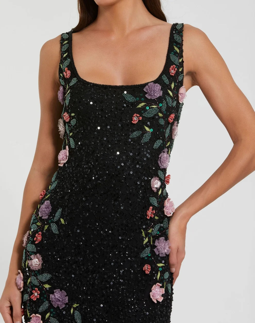 Black Sequin Mesh Sheath Scoop Neck Scoop Back Floor Length Dress