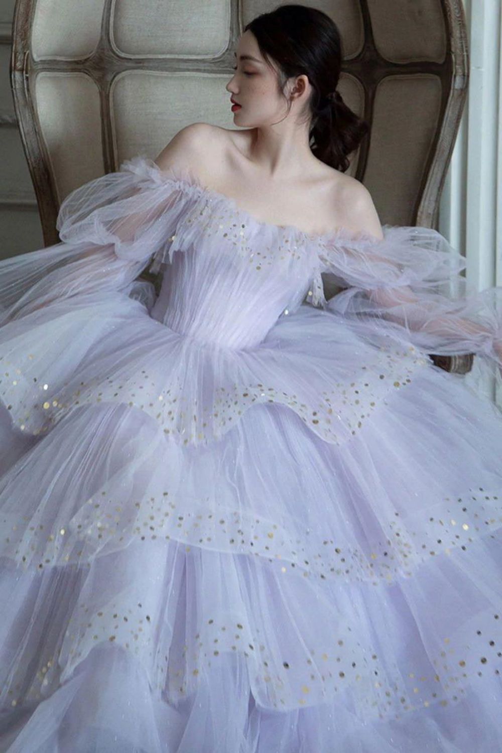 Weitese Elegant A Line Off the Shoulder Light Purple Long Prom Dress with Sequins