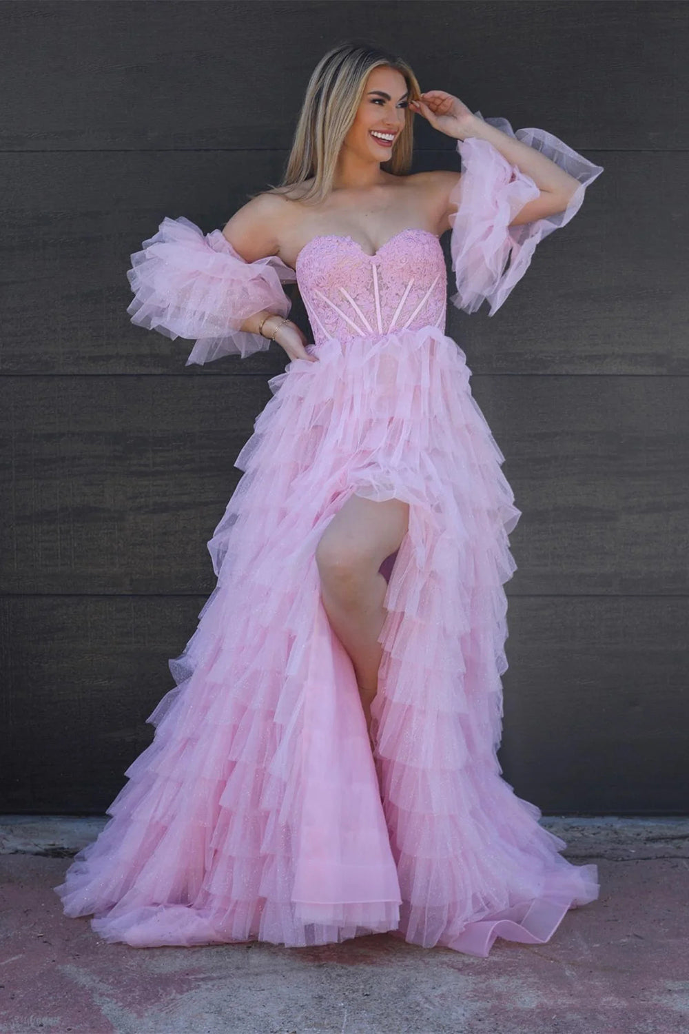 Weitese Princess A Line Sweetheart Pink Corset Prom Dress with Ruffles Split Front