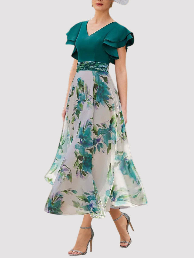 Weitese Dress A-Line Mermaid Beach Wedding Party V Neck Floor Length Ankle Length Chiffon Half Sleeve With Sash / Ribbon Ruched Cascading Ruffles Wedding Guest Dress Mother of the Bride Dress