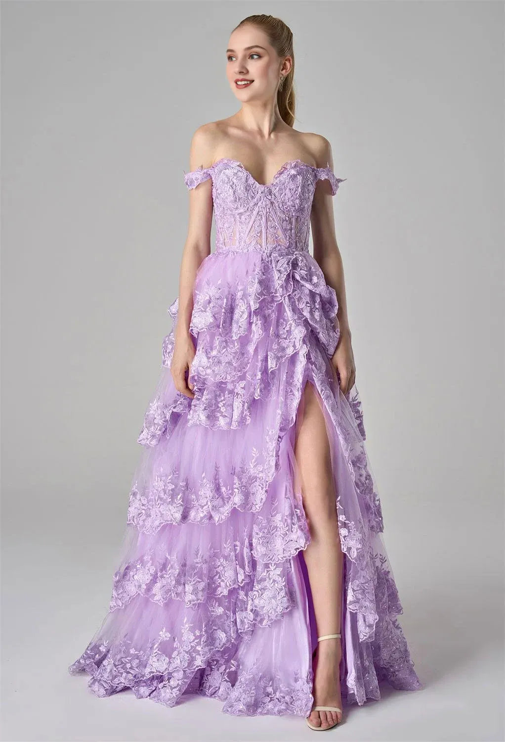 A-Line Off the Shoulder Elegant Prom Dress Floor-Length Appliques Sleeveless Formal Tulle Evening Dresses for Ladies