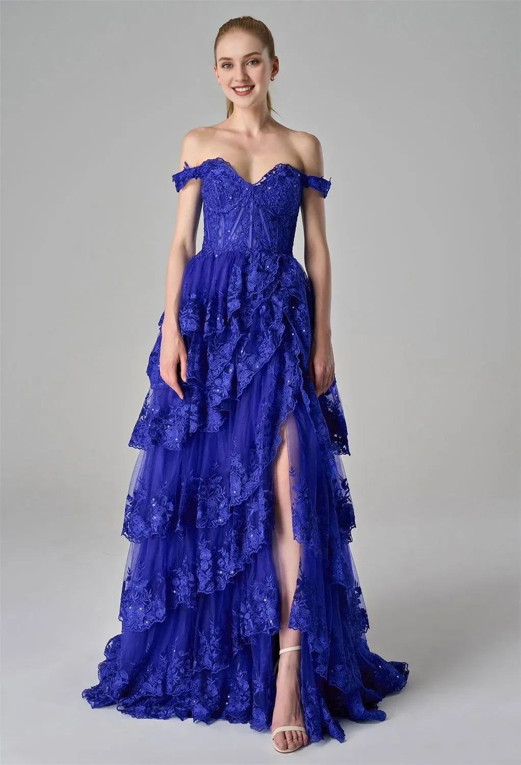 A-Line Off the Shoulder Elegant Prom Dress Floor-Length Appliques Sleeveless Formal Tulle Evening Dresses for Ladies