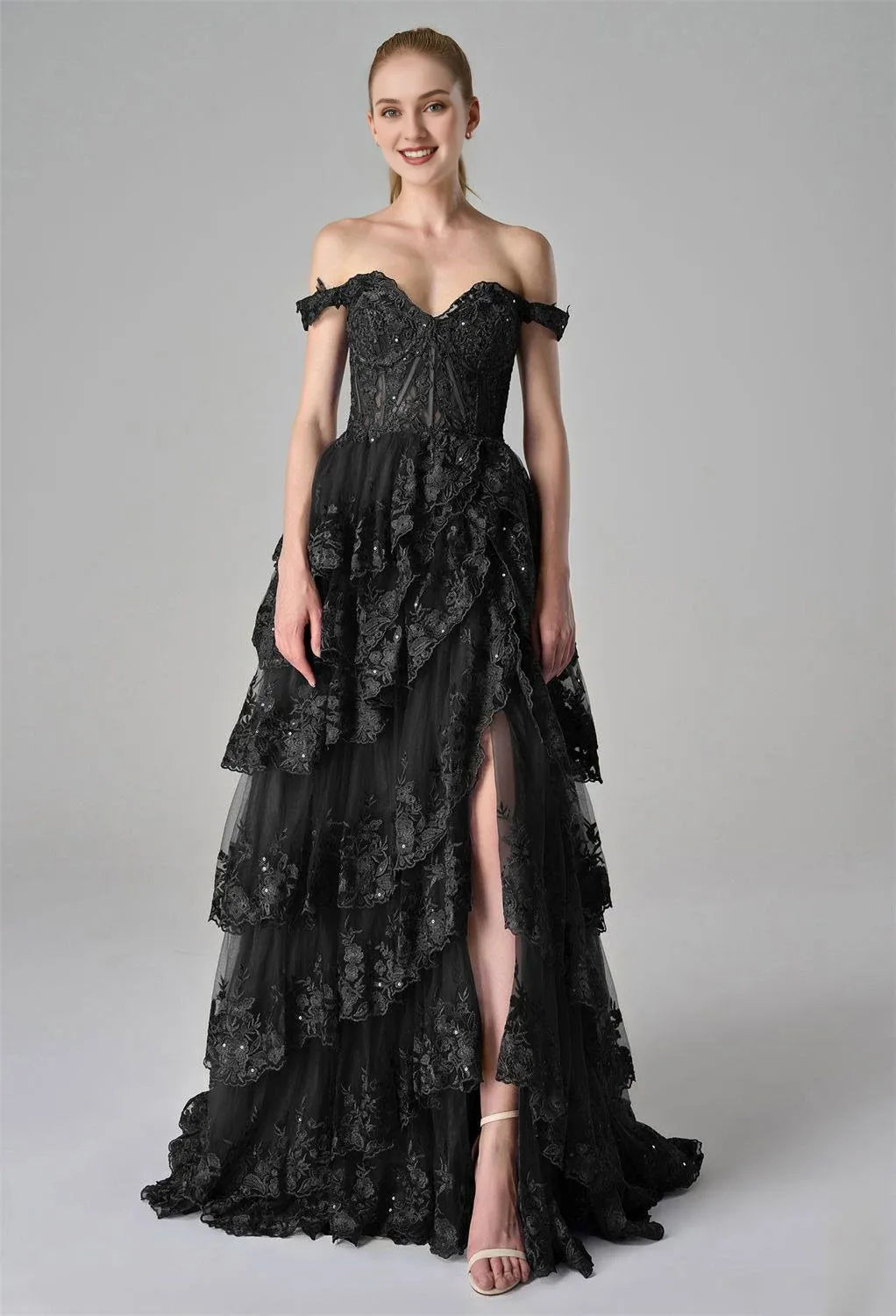 A-Line Off the Shoulder Elegant Prom Dress Floor-Length Appliques Sleeveless Formal Tulle Evening Dresses for Ladies