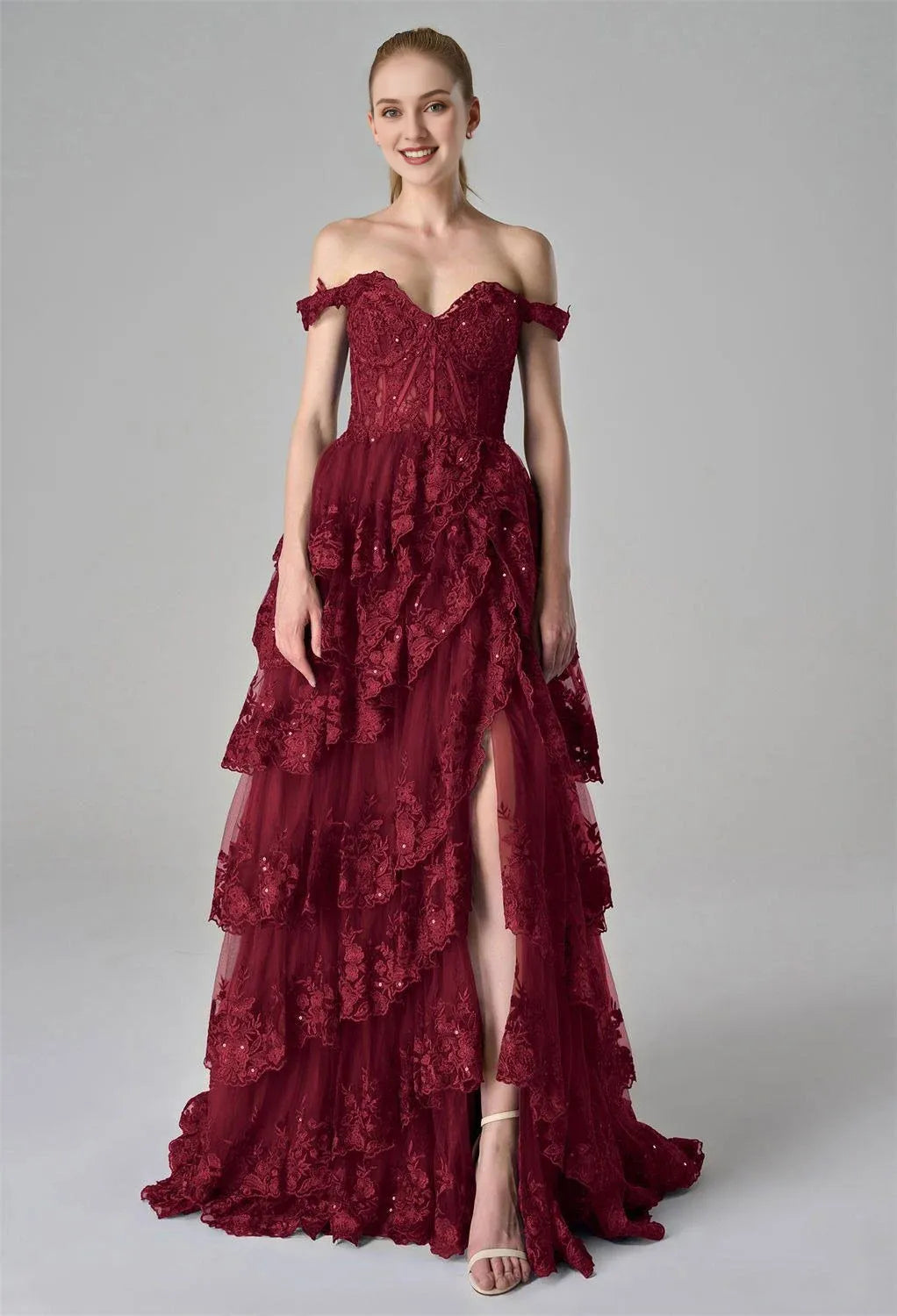 A-Line Off the Shoulder Elegant Prom Dress Floor-Length Appliques Sleeveless Formal Tulle Evening Dresses for Ladies