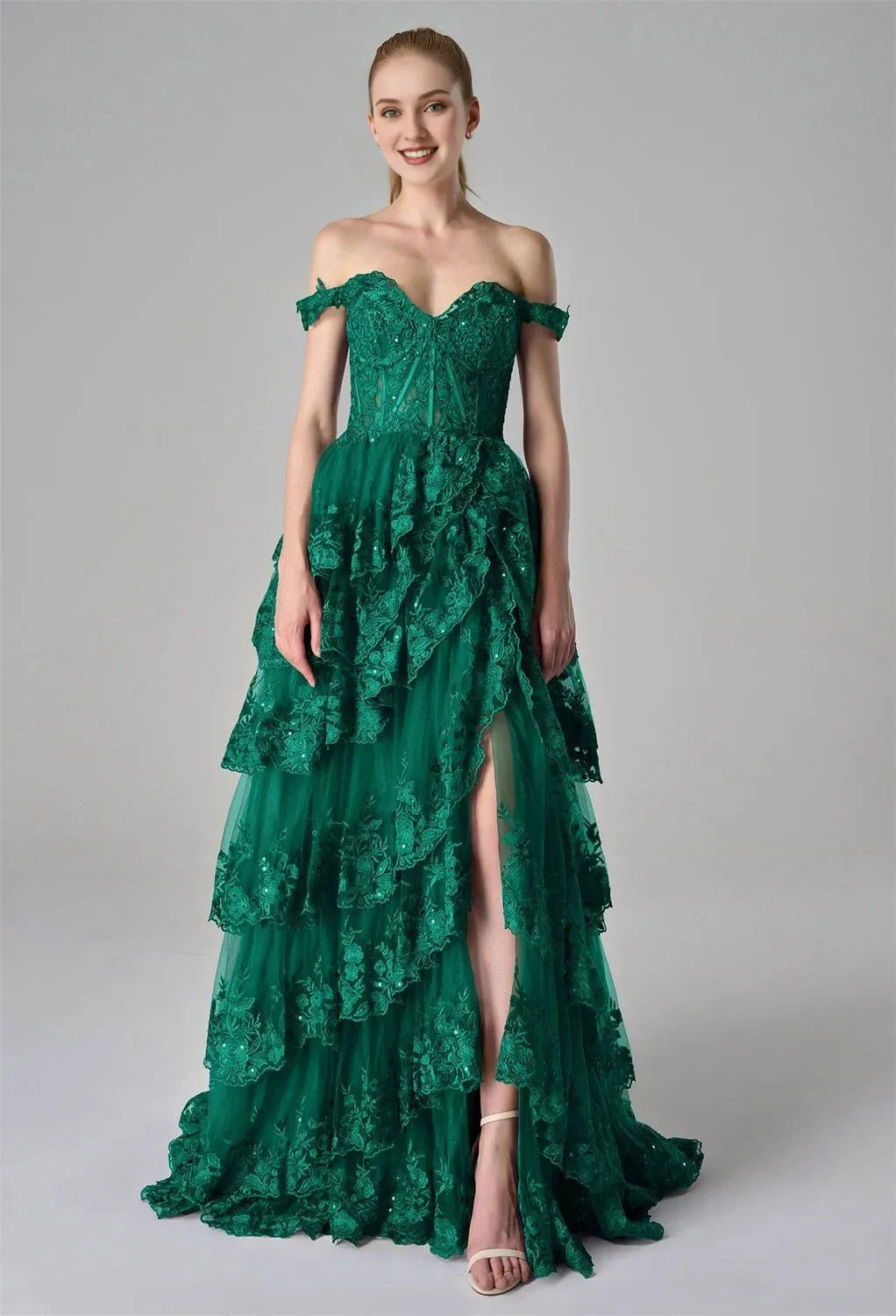 A-Line Off the Shoulder Elegant Prom Dress Floor-Length Appliques Sleeveless Formal Tulle Evening Dresses for Ladies