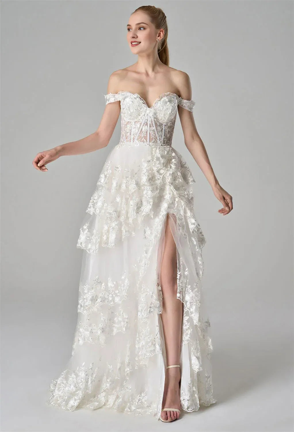 A-Line Off the Shoulder Elegant Prom Dress Floor-Length Appliques Sleeveless Formal Tulle Evening Dresses for Ladies