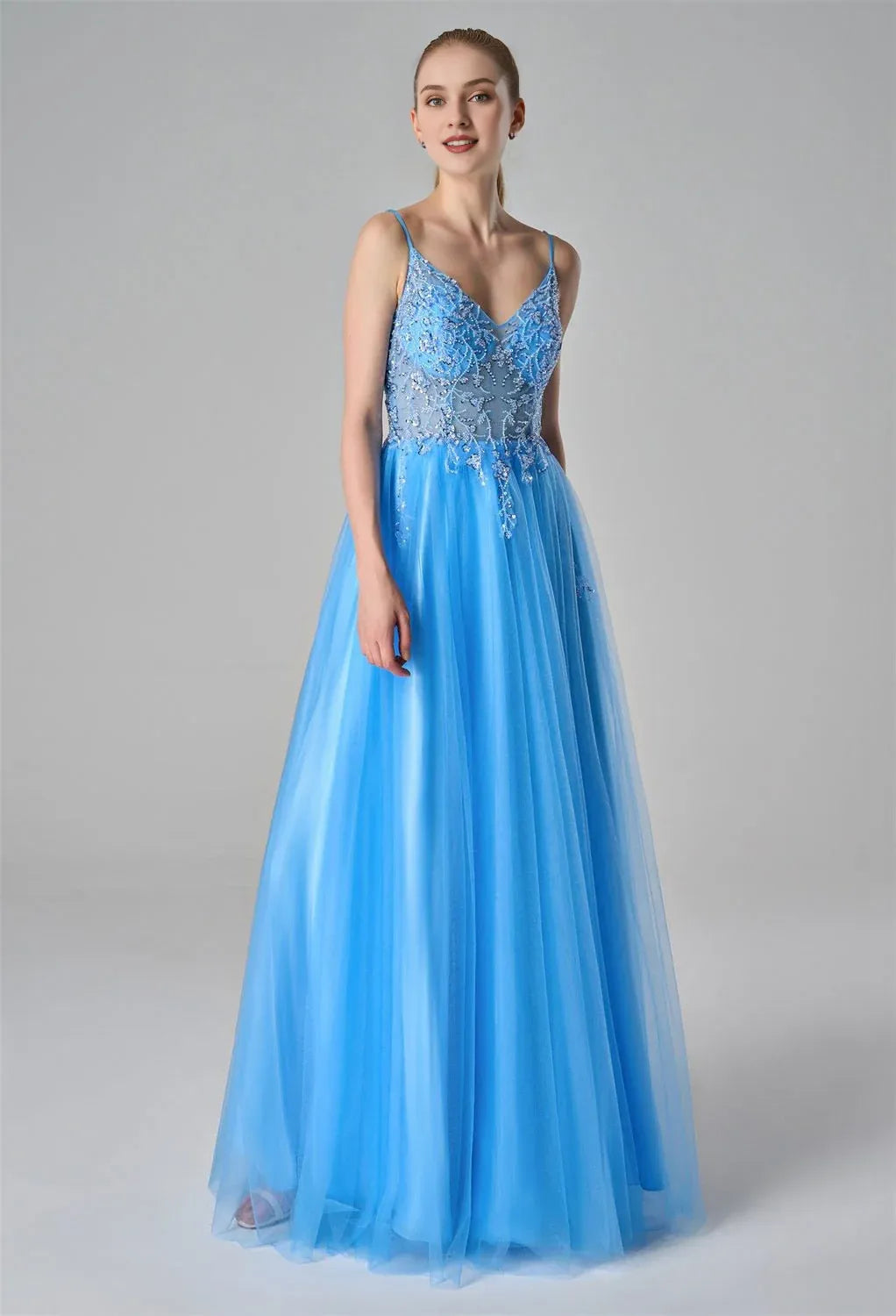 A-Line Spaghetti Straps Elegant Prom Dress Tulle Sequin Sleeveless Beautiful Floor Length Prom Dresses