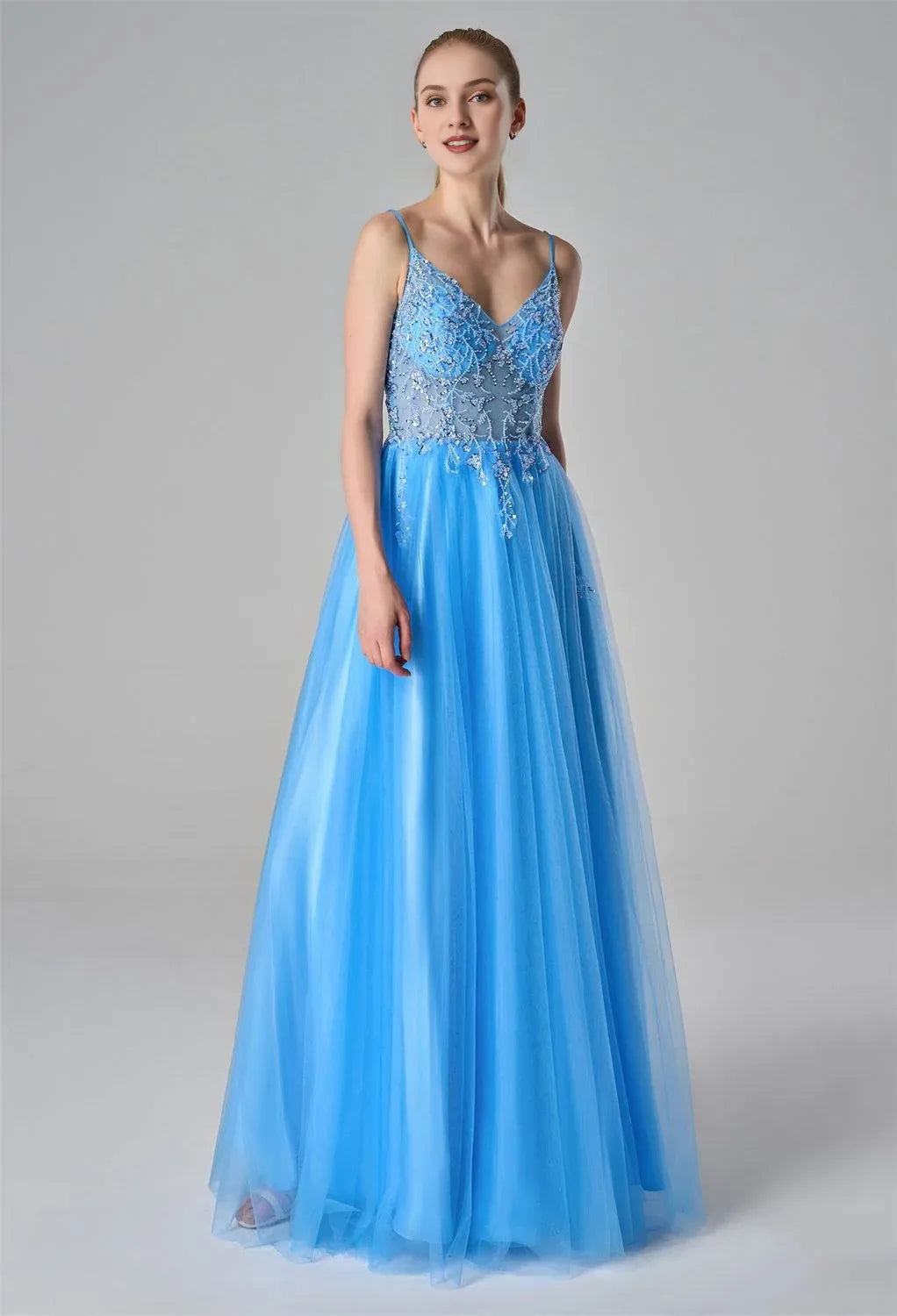 A-Line Spaghetti Straps Elegant Prom Dress Tulle Sequin Sleeveless Beautiful Floor Length Prom Dresses