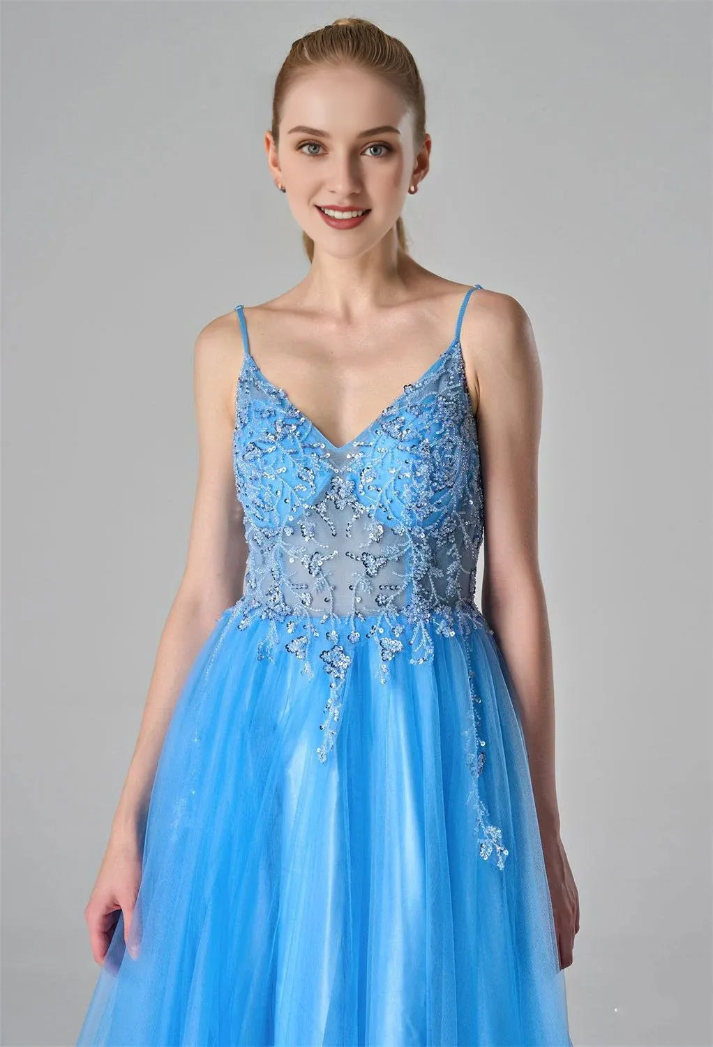 A-Line Spaghetti Straps Elegant Prom Dress Tulle Sequin Sleeveless Beautiful Floor Length Prom Dresses