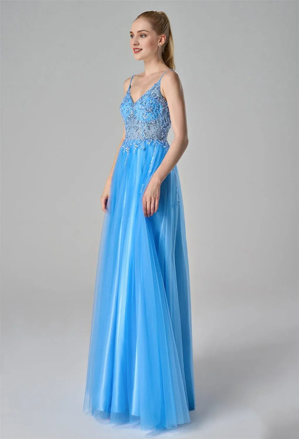 A-Line Spaghetti Straps Elegant Prom Dress Tulle Sequin Sleeveless Beautiful Floor Length Prom Dresses