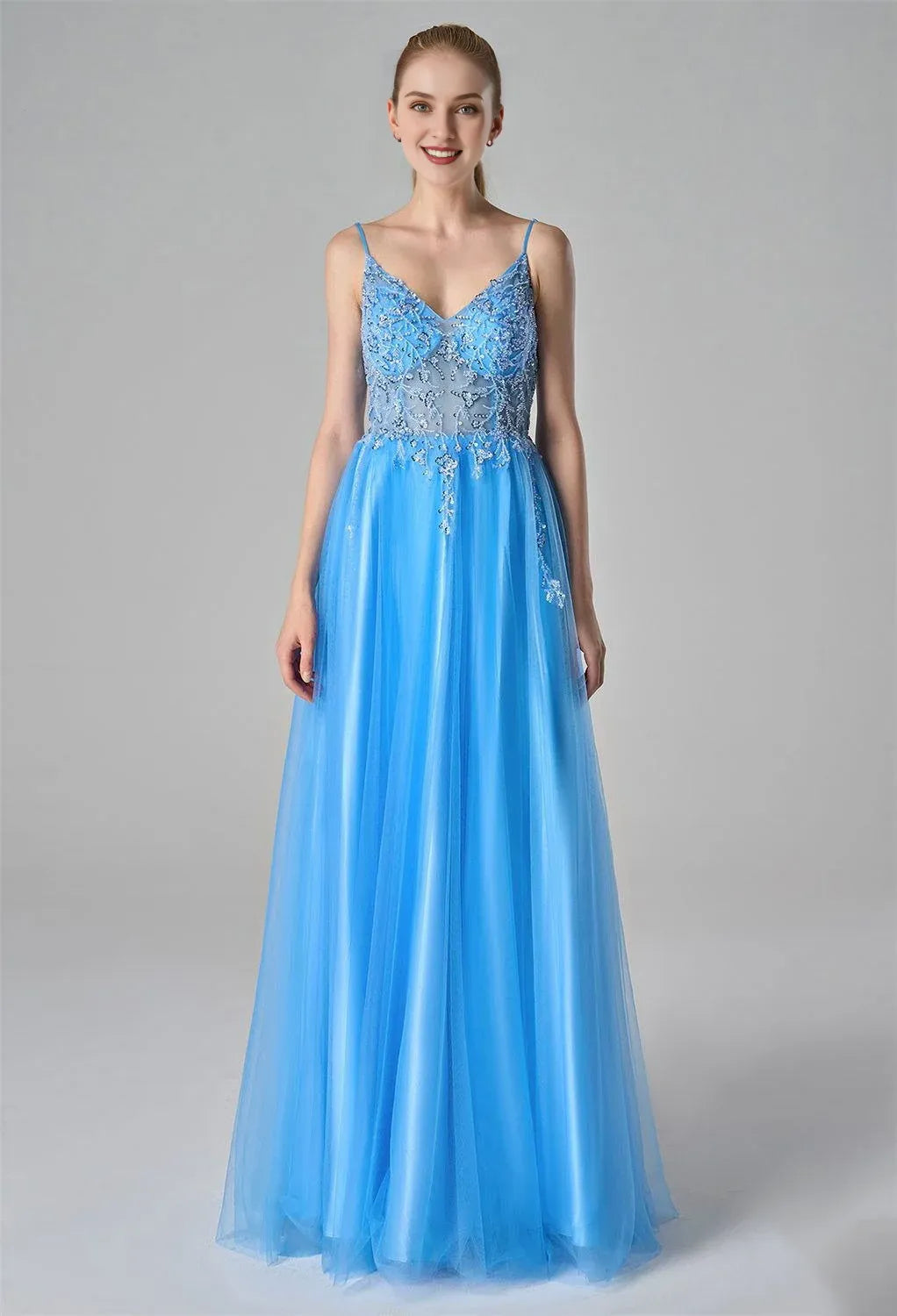 A-Line Spaghetti Straps Elegant Prom Dress Tulle Sequin Sleeveless Beautiful Floor Length Prom Dresses