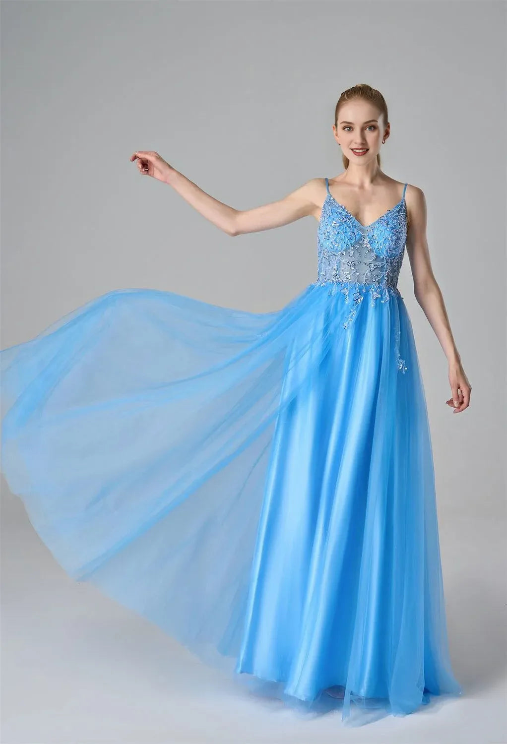 A-Line Spaghetti Straps Elegant Prom Dress Tulle Sequin Sleeveless Beautiful Floor Length Prom Dresses