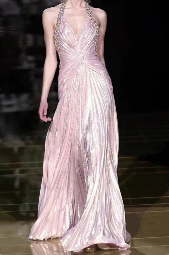 Robes de soirée Weitese - Robe de soirée rose à col licou et perles - Robe trapèze - Robes de bal - Robes de soirée pour femmes 