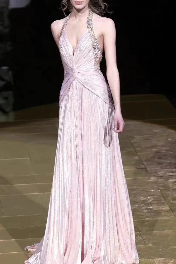 Robes de soirée Weitese - Robe de soirée rose à col licou et perles - Robe trapèze - Robes de bal - Robes de soirée pour femmes 