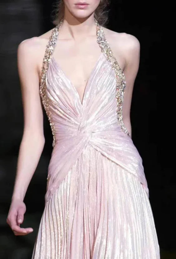 Robes de soirée Weitese - Robe de soirée rose à col licou et perles - Robe trapèze - Robes de bal - Robes de soirée pour femmes 