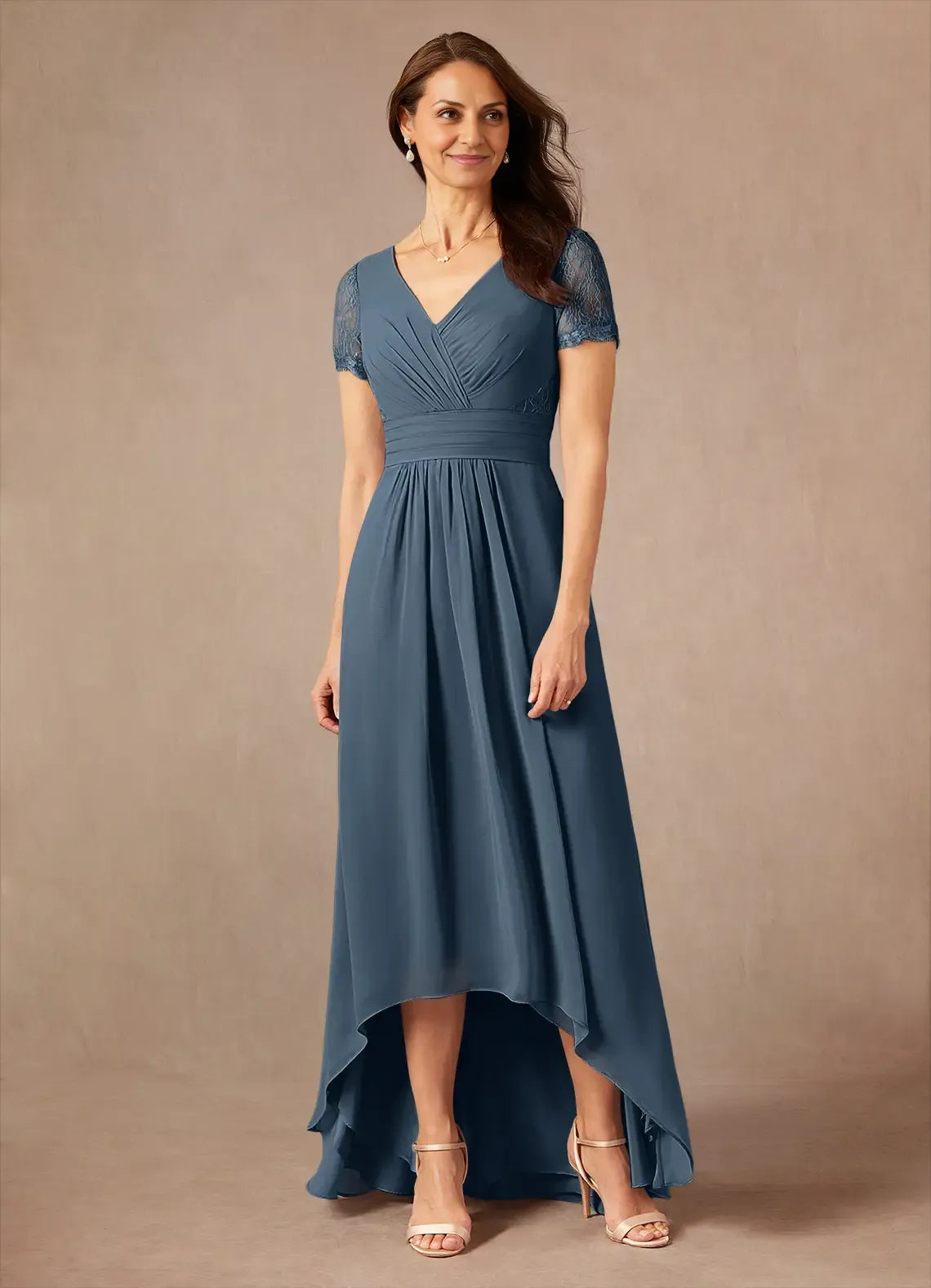A-Line Lace Asymmetrical-Length Dress Short Sleeves Solid Color Fashion V-Neck Mother of the Bride Dress