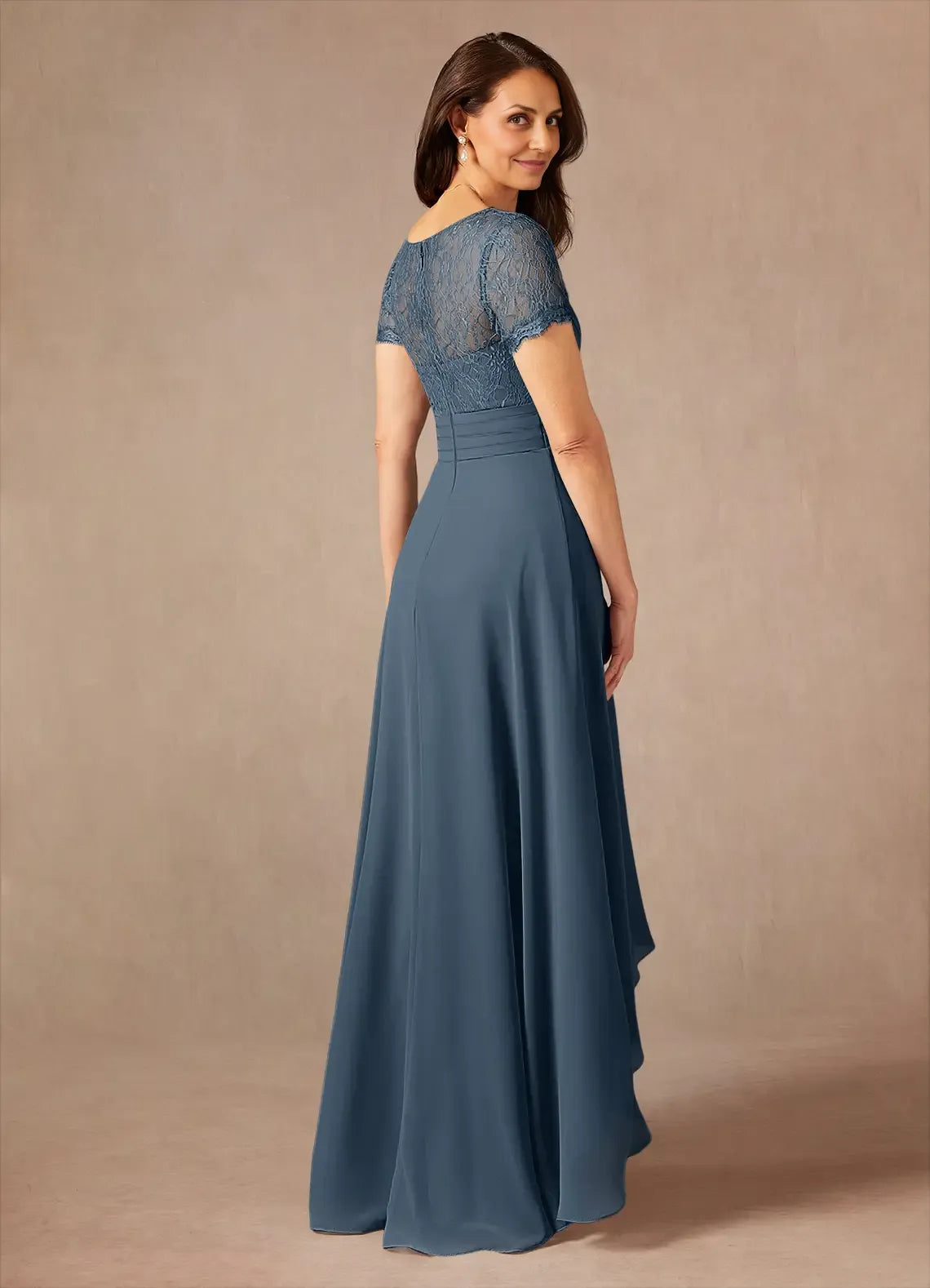 A-Line Lace Asymmetrical-Length Dress Short Sleeves Solid Color Fashion V-Neck Mother of the Bride Dress