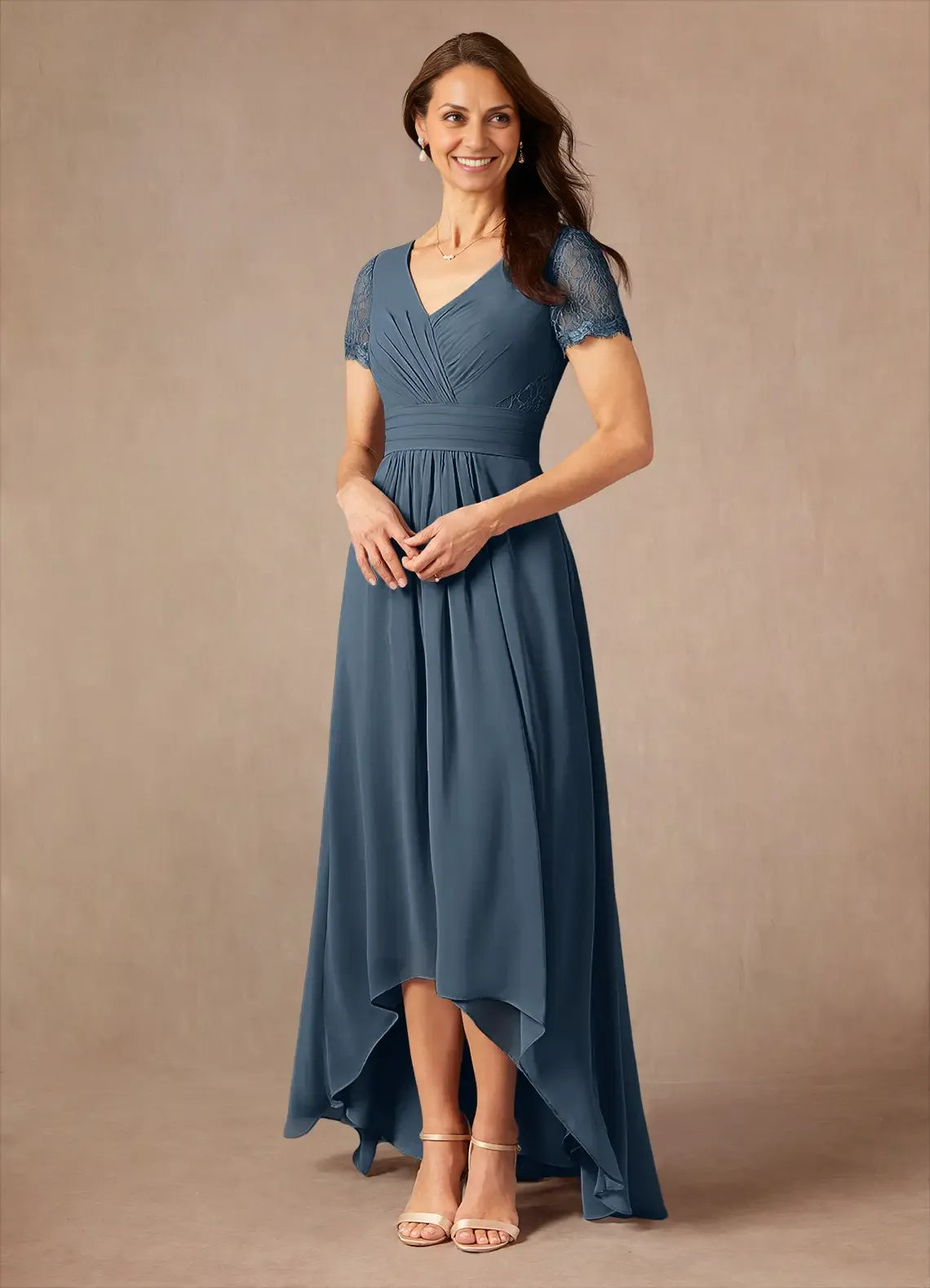 A-Line Lace Asymmetrical-Length Dress Short Sleeves Solid Color Fashion V-Neck Mother of the Bride Dress