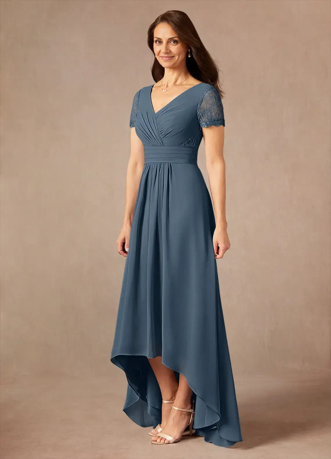 A-Line Lace Asymmetrical-Length Dress Short Sleeves Solid Color Fashion V-Neck Mother of the Bride Dress