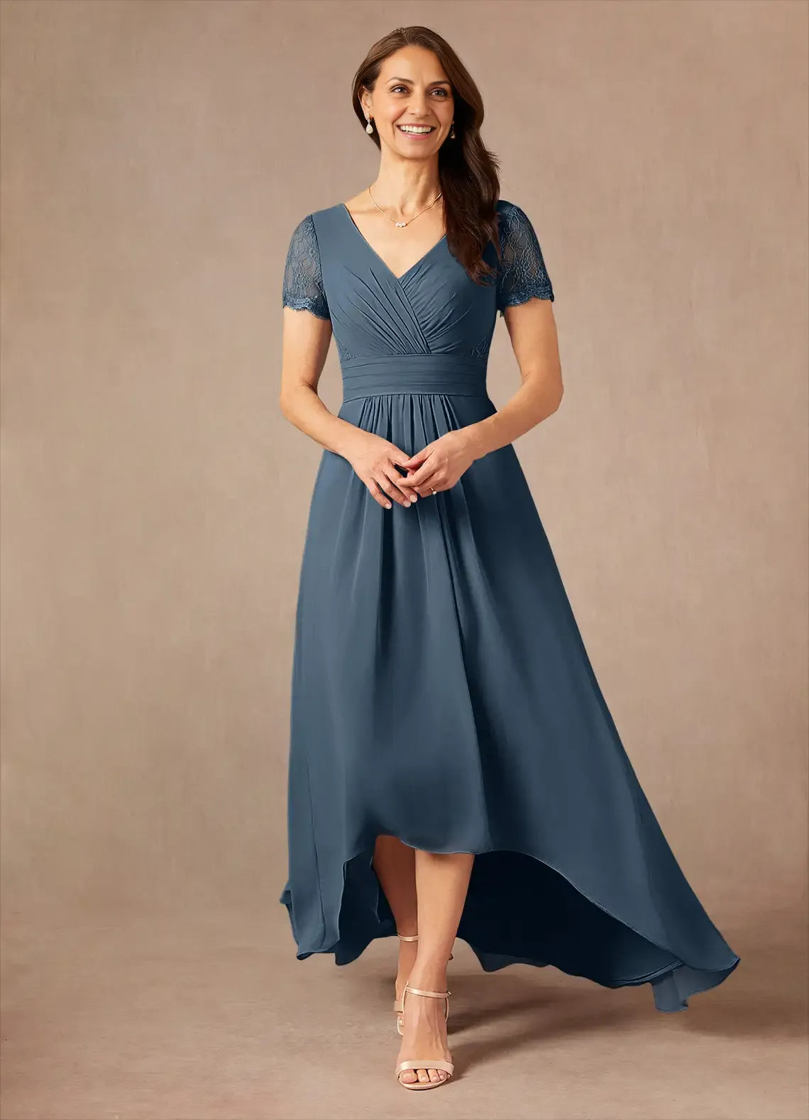 A-Line Lace Asymmetrical-Length Dress Short Sleeves Solid Color Fashion V-Neck Mother of the Bride Dress