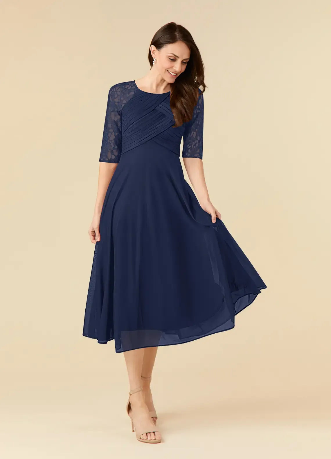Dark Navy A-Line Lace Tea-Length Dress Three-Quarter Sleeve Solid Color Simple Scoop Neck Mother of the Bride Dress