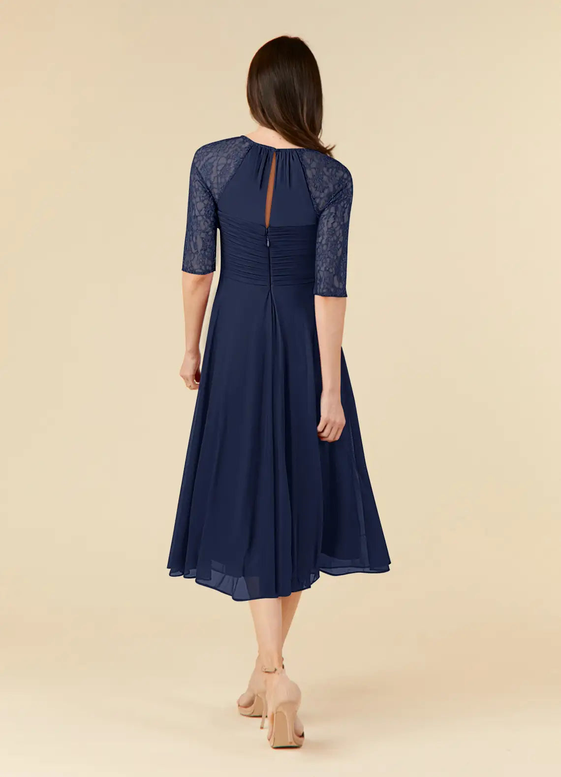 Dark Navy A-Line Lace Tea-Length Dress Three-Quarter Sleeve Solid Color Simple Scoop Neck Mother of the Bride Dress