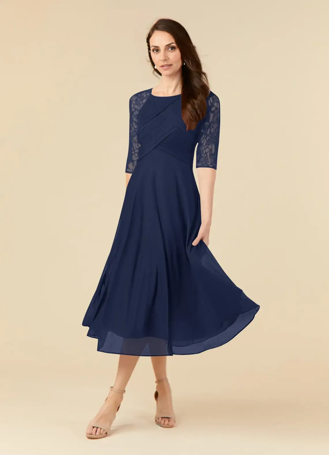 Dark Navy A-Line Lace Tea-Length Dress Three-Quarter Sleeve Solid Color Simple Scoop Neck Mother of the Bride Dress