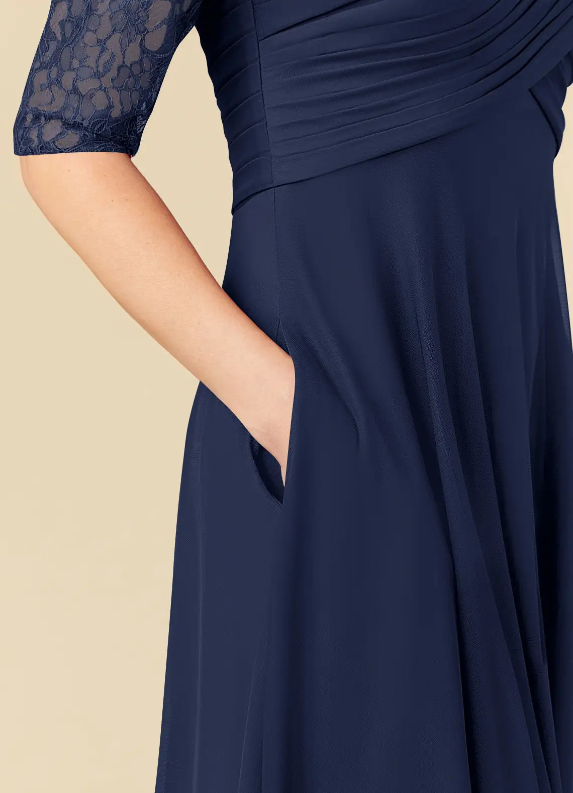Dark Navy A-Line Lace Tea-Length Dress Three-Quarter Sleeve Solid Color Simple Scoop Neck Mother of the Bride Dress