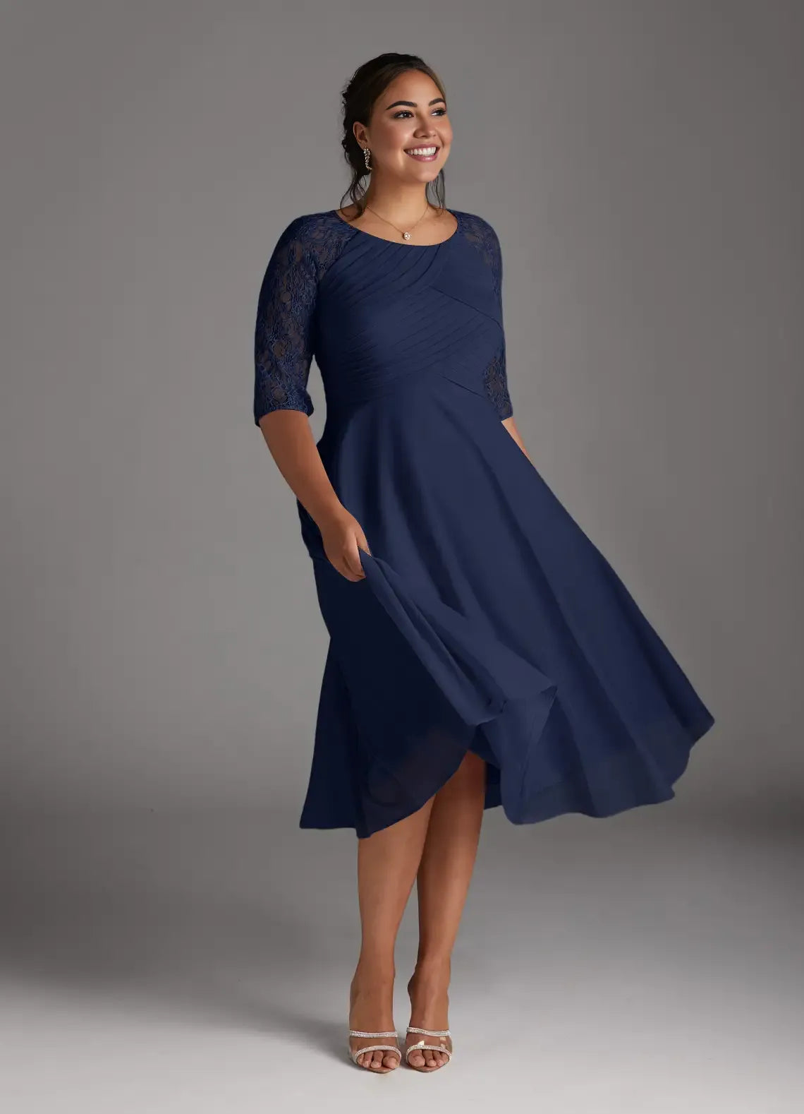 Robe trapèze bleu marine foncé en dentelle, longueur thé, manches trois-quarts, couleur unie, simple, col rond, grande taille, pour mère de la mariée 
