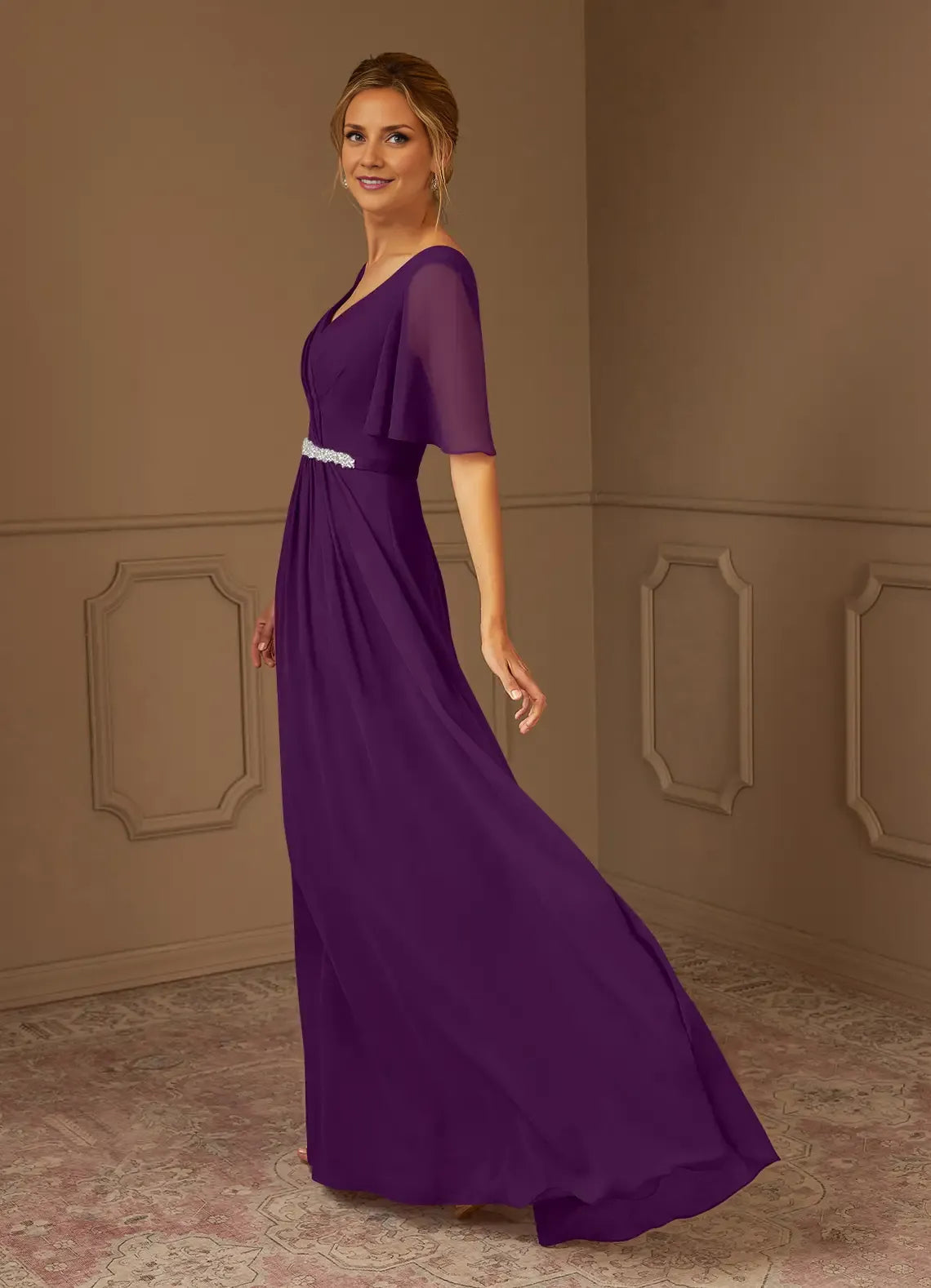 Robe Weitese Raisin Col V En Mousseline Plissée A-Line Robe de Soirée Mère de la Mariée Manches Volantes Minimaliste Grande Taille Robes Mère du Marié 