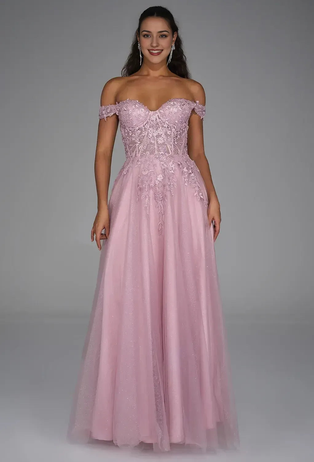 A-Line Off Shoulder Luxury Prom Dress Floor-Length Appliques Sleeveless Formal Tulle Evening Dresses for Ladies