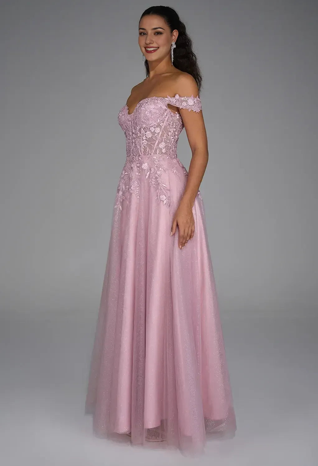 A-Line Off Shoulder Luxury Prom Dress Floor-Length Appliques Sleeveless Formal Tulle Evening Dresses for Ladies