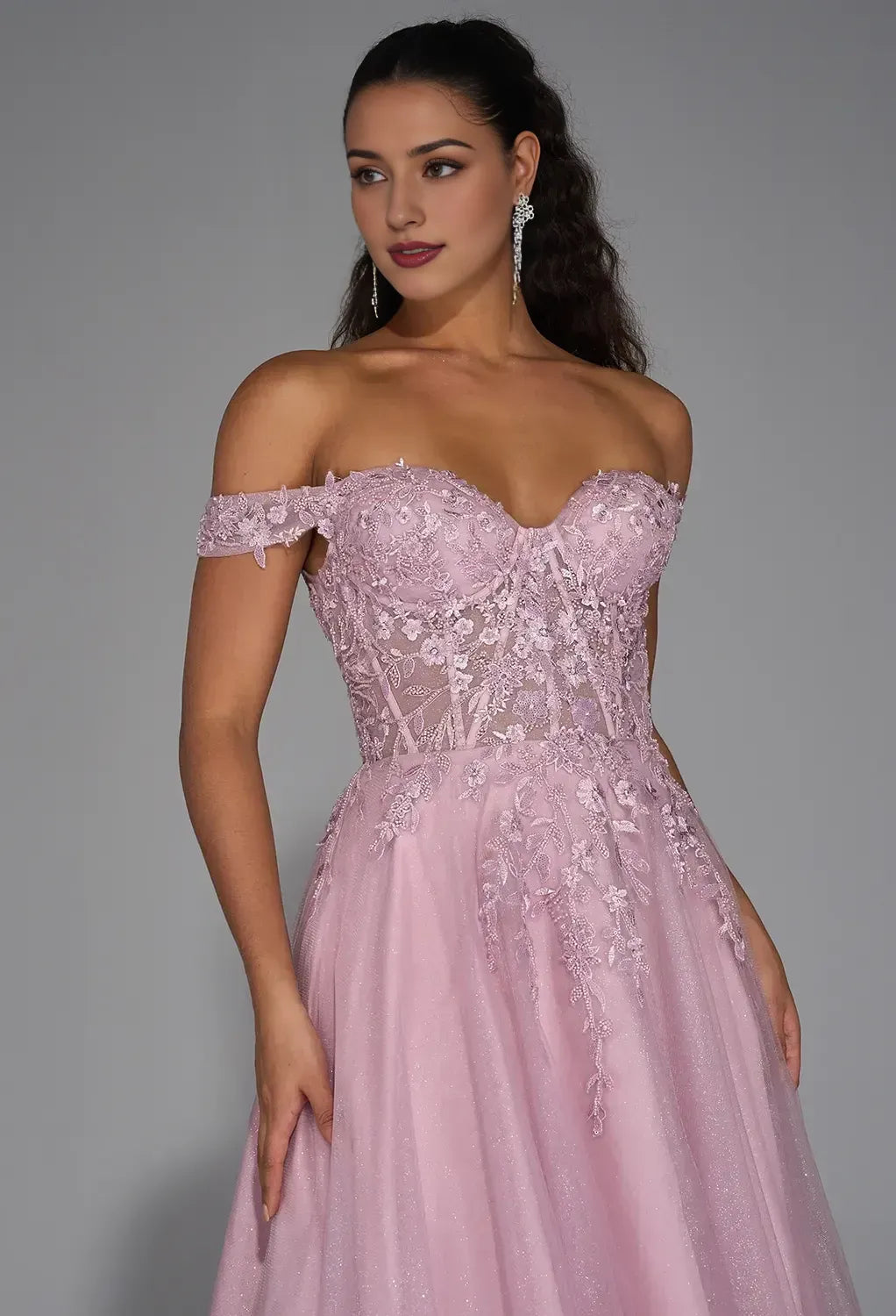 A-Line Off Shoulder Luxury Prom Dress Floor-Length Appliques Sleeveless Formal Tulle Evening Dresses for Ladies