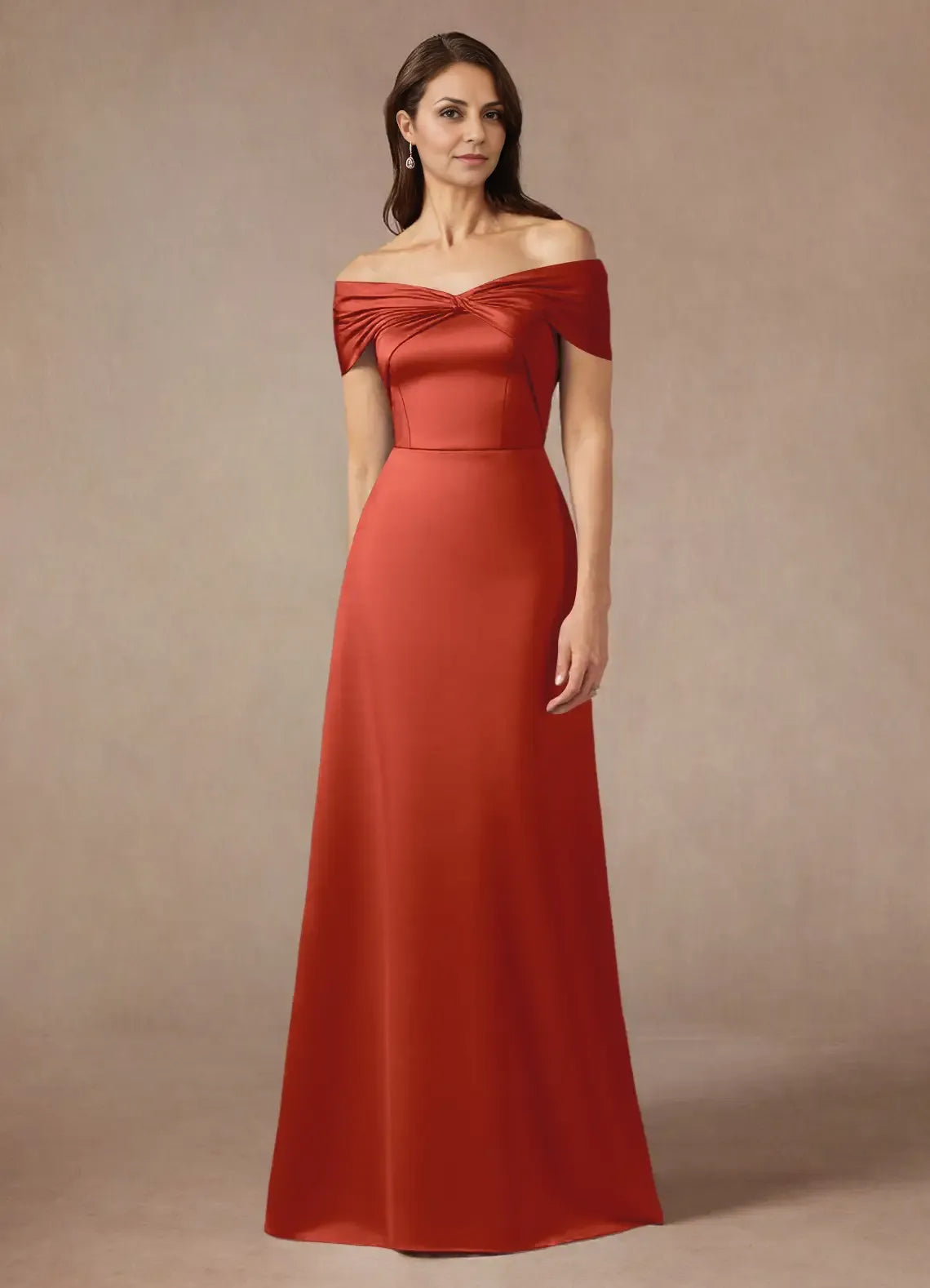Weitese Dress Elegant Rust A-Line Off the Shoulder Satin Dress Floor-Length Sleeveless Back Zip Pleated Mother of the Bride Dress