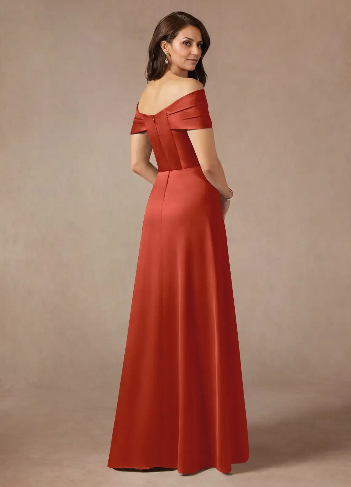 Weitese Dress Elegant Rust A-Line Off the Shoulder Satin Dress Floor-Length Sleeveless Back Zip Pleated Mother of the Bride Dress