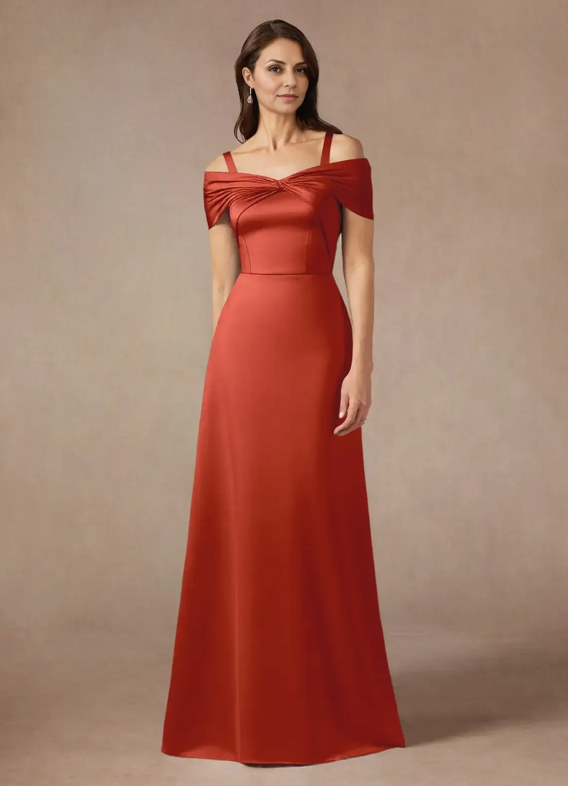 Weitese Dress Elegant Rust A-Line Off the Shoulder Satin Dress Floor-Length Sleeveless Back Zip Pleated Mother of the Bride Dress