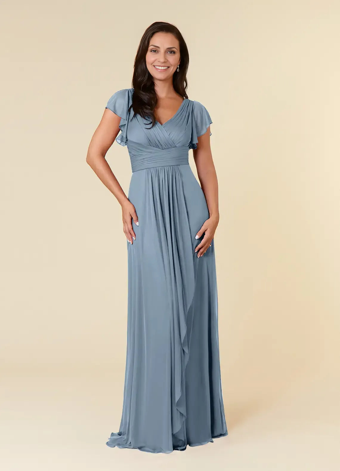 Weitese Dress Simple Dusty Blue A-Line Pleated Dress Floor-Length Short Sleeve V Back V-Neck Ruffles Mother of the Bride Dress